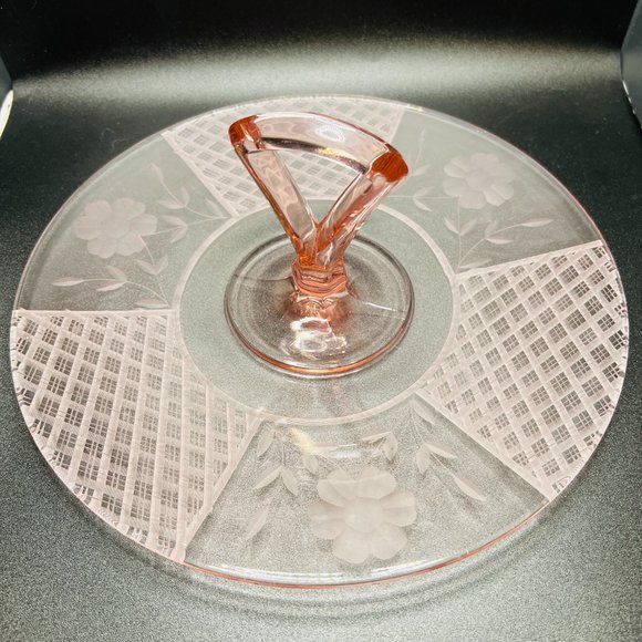 McKee Vintage Pink Center Handle Tidbit Server #151 Diamond Lattice Floral Etch - Picture 4 of 10